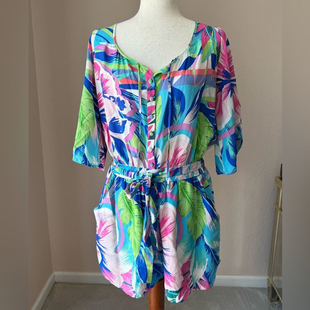 Yumi Kim 100% silk romper tropical pockets, tie sleeves and button detail. L